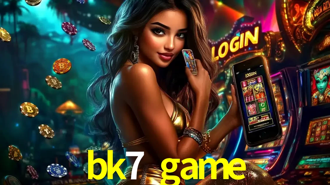 Mulher em um cenário de cassino temático de aventura, mostrando o app de caça-níqueis da bk7 game no celular. Fichas de apostas flutuam ao redor.