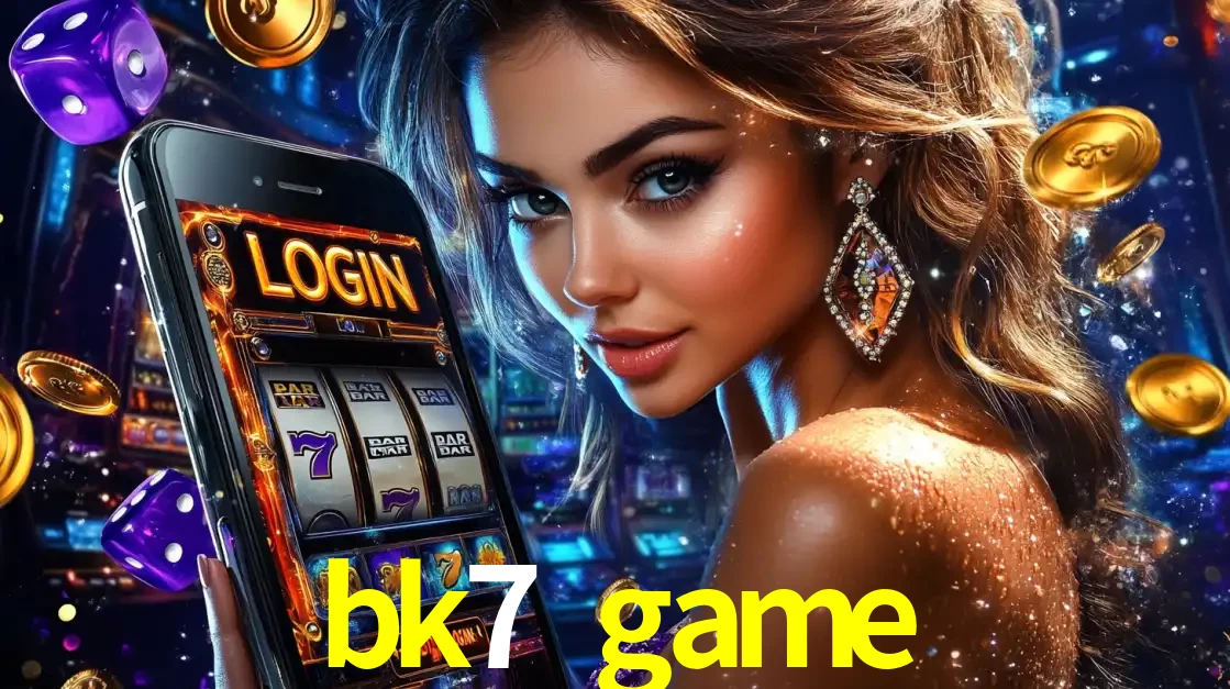 Mulher glamorosa segurando um smartphone com a tela de login para os jogos de caça-níqueis do cassino online bk7 game, com moedas de ouro e dados ao redor.