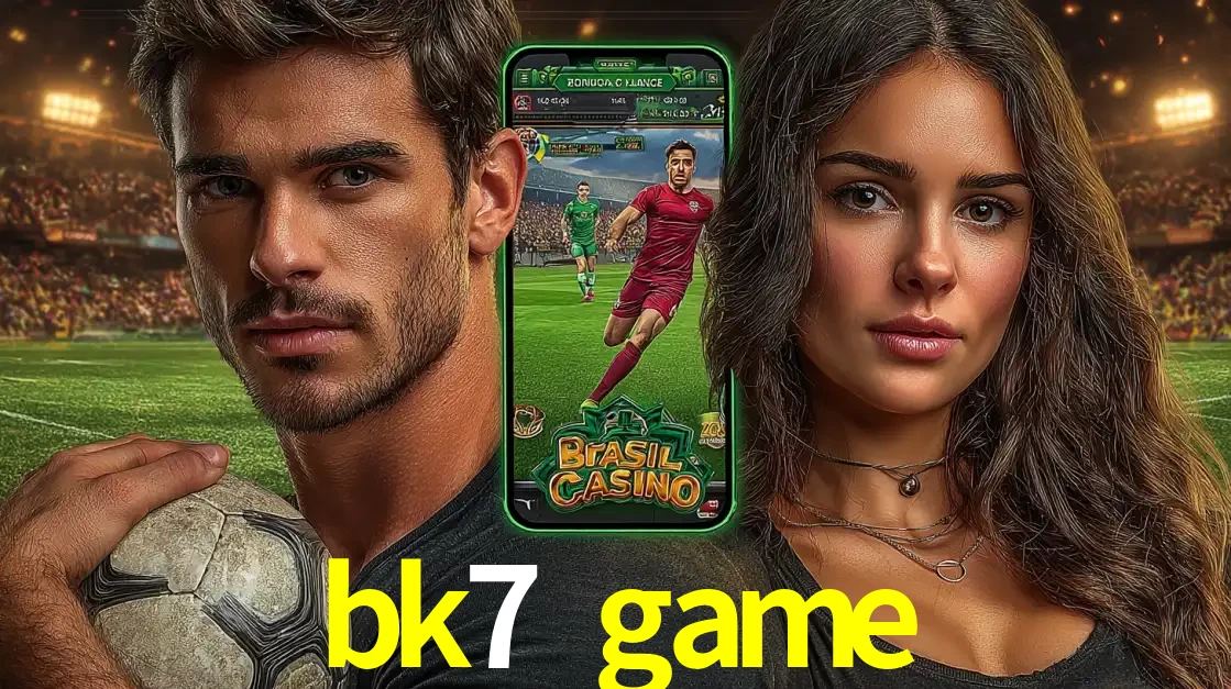 Homem segurando uma bola de futebol e uma mulher ao lado de um smartphone exibindo o jogo de apostas esportivas da bk7 game. Faça seu palpite no cassino online.